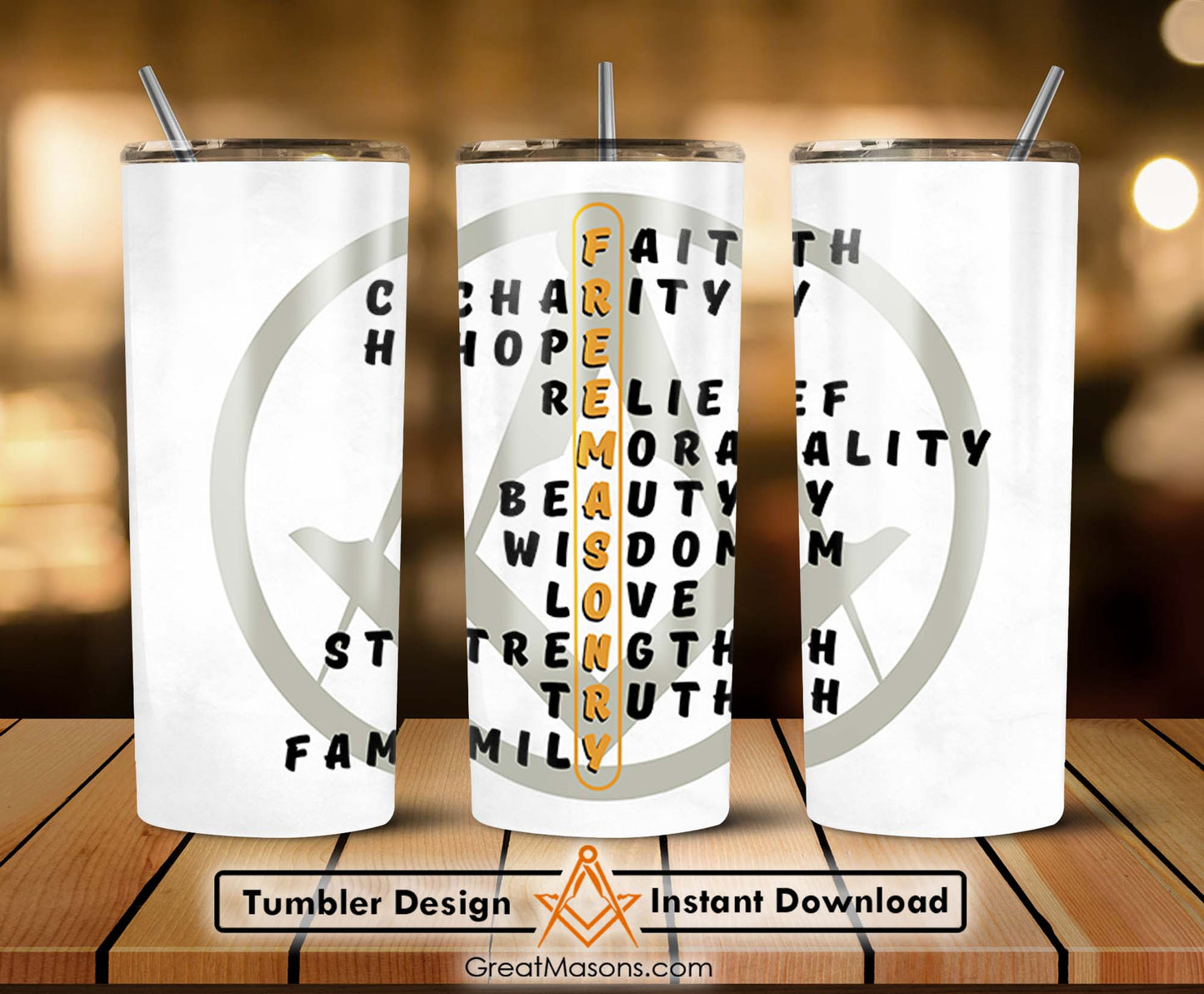 Freemasonry Faith Hope Charity Wisdom Strength Beauty Skinny Tumbler Wrap Png Straight & Tapered Tumbler File Digital
