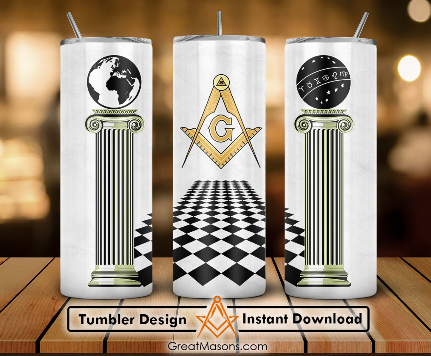 Masonic Columns Pillar Chess Board Floor Skinny Tumbler Wrap Png Straight & Tapered Tumbler File Digital