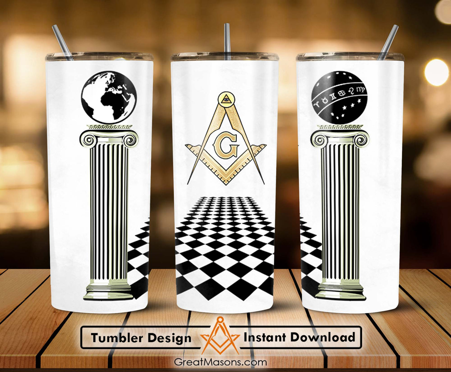Masonic Columns Pillar Chess Board Floor Skinny Tumbler Wrap Png Straight & Tapered Tumbler File Digital