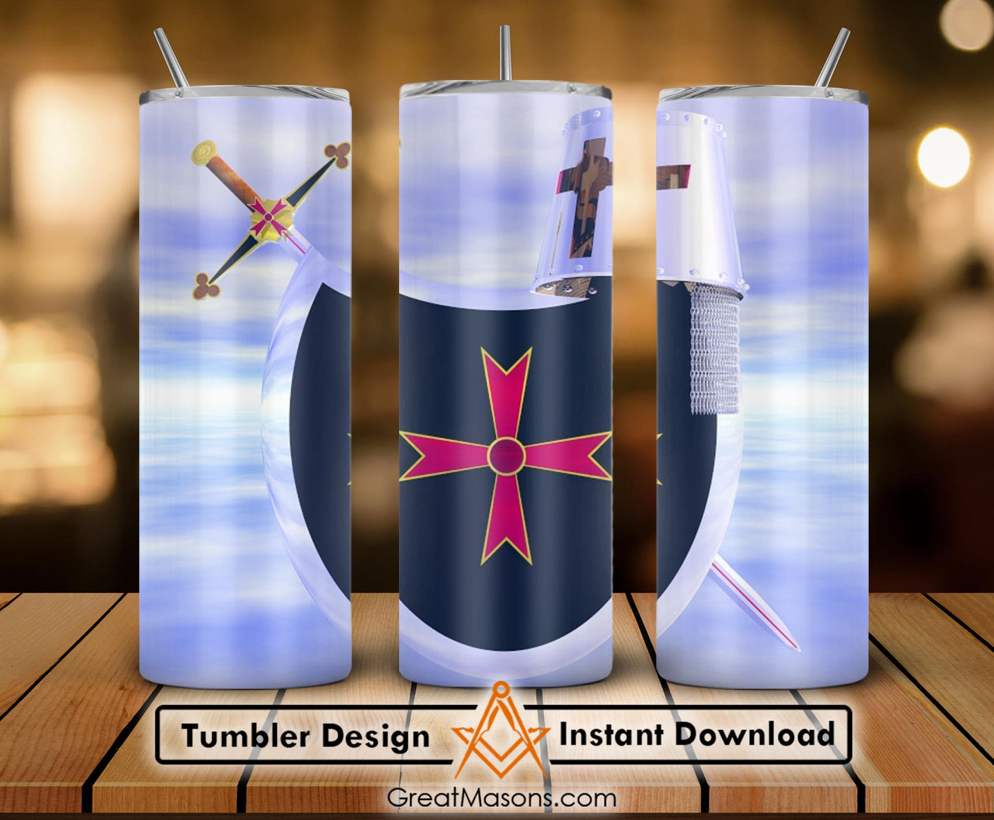 Mason Knight Templar Skinny Tumbler Wrap Png Straight & Tapered Tumbler File Digital