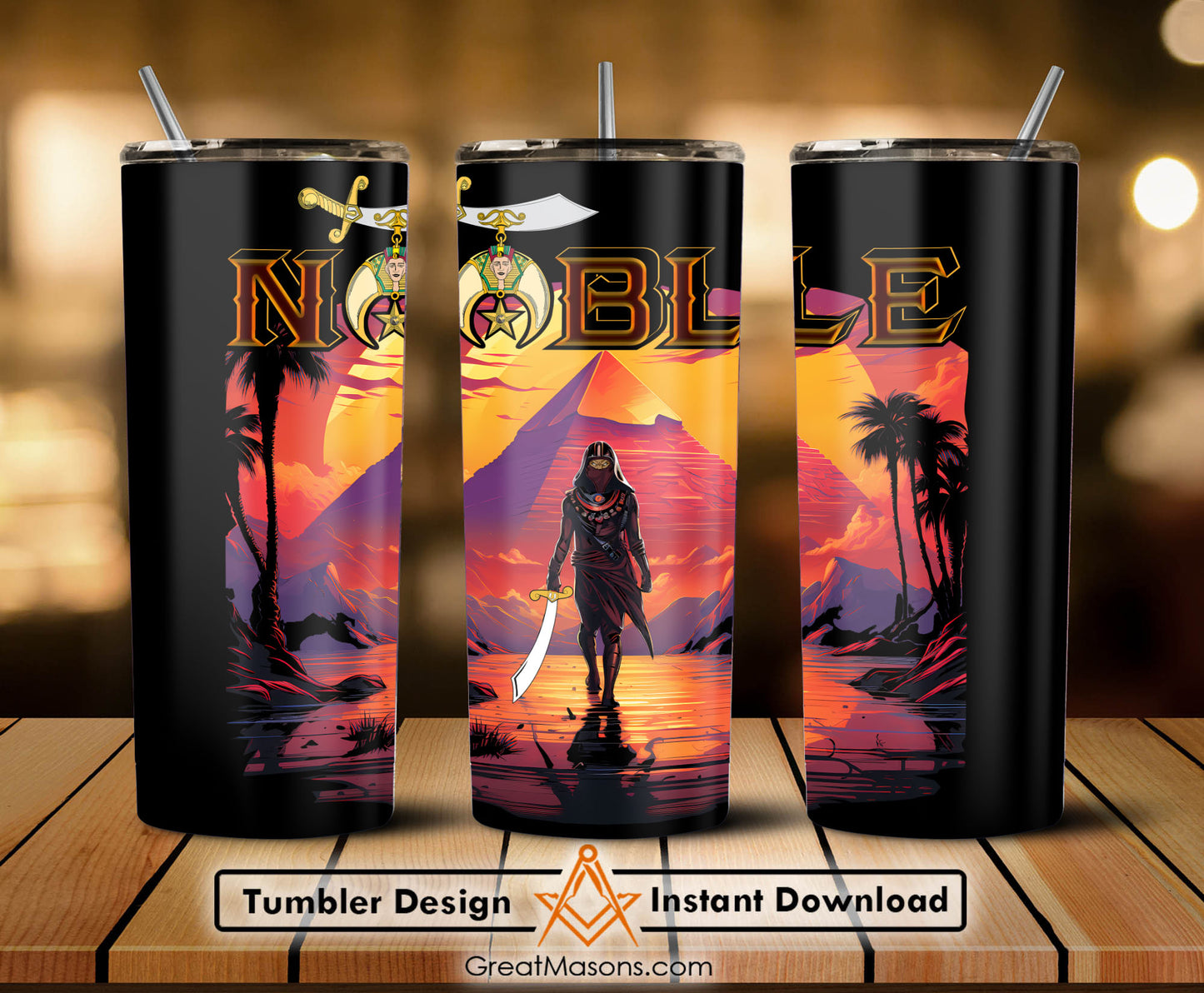 Noble Shriner Egyptian Warrior Pharaoh Pyramid - Skinny Tumbler Wrap PNG File Digital