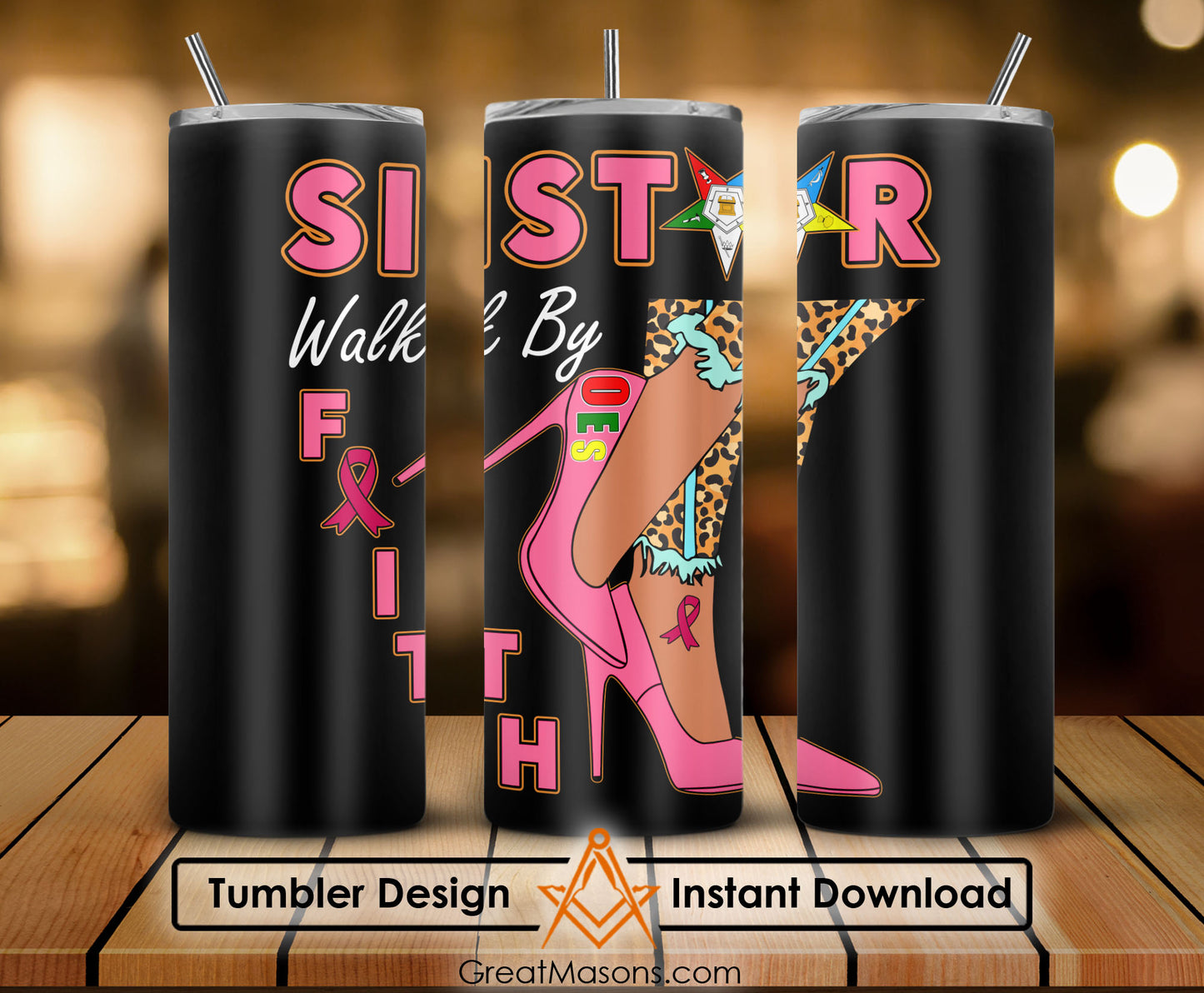 OES Pink Leopard Sistar Walk By Faith Breast Cancer Awareness FATAL - Skinny Tumbler Wrap PNG File Digital