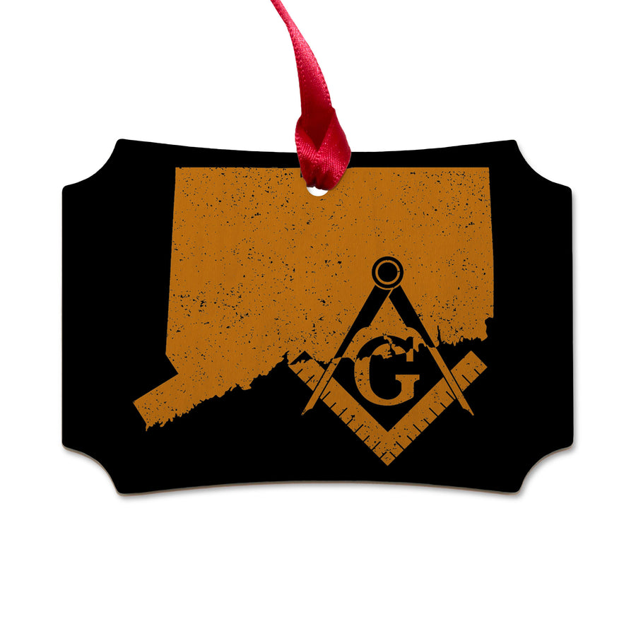Connecticut square & compass freemason symbol state map - Scalloped Wooden Maple Ornament