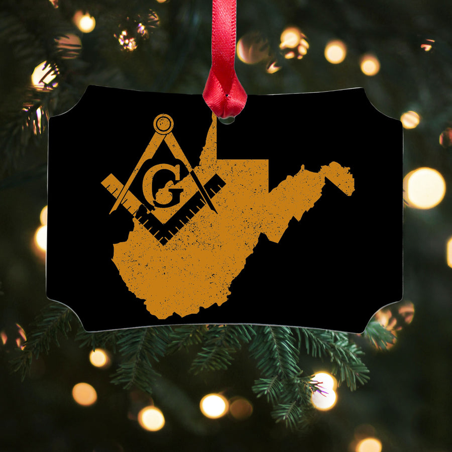 West Virginia square & compass freemason symbol state map - Scalloped Aluminum Ornament