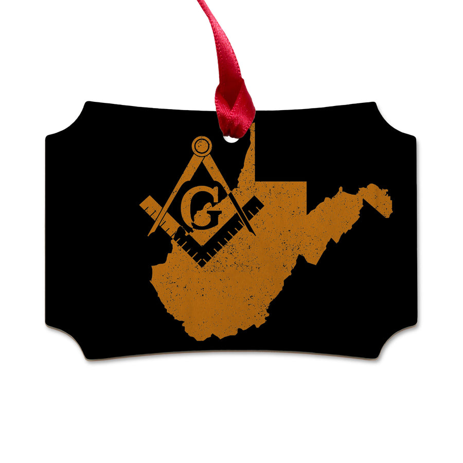 West Virginia square & compass freemason symbol state map - Scalloped Wooden Maple Ornament