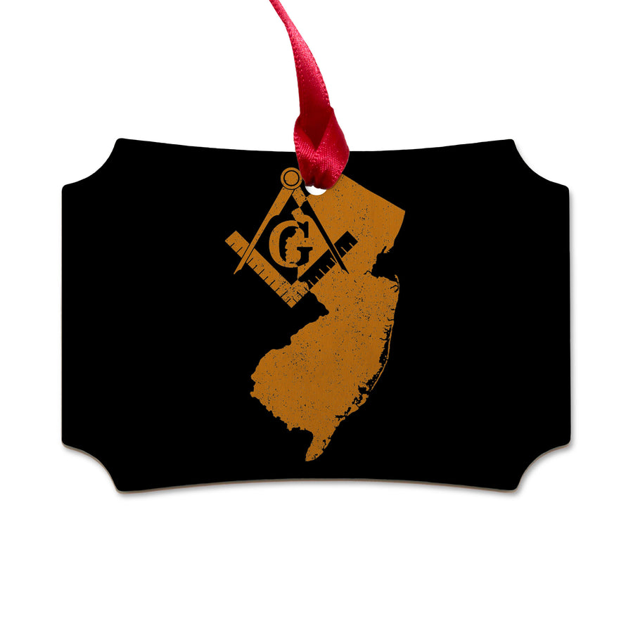 New Jersey square & compass freemason symbol state map - Scalloped Wooden Maple Ornament