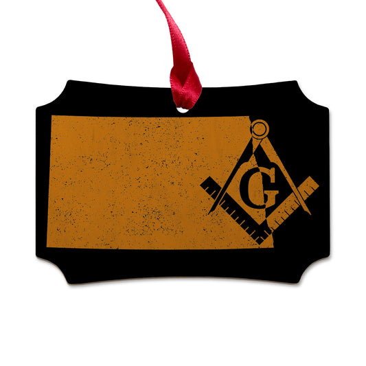 North Dakota square & compass freemason symbol state map - Scalloped Wooden Maple Ornament