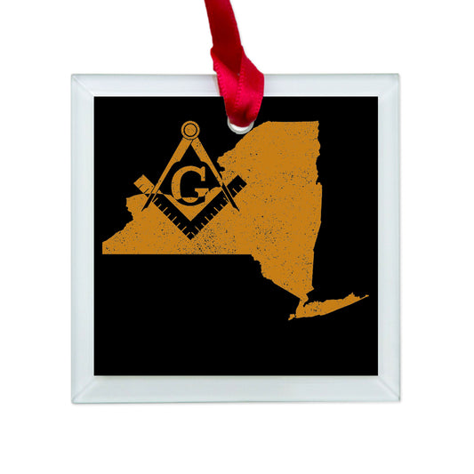 New York square & compass freemason symbol state map - Glass Square Ornament