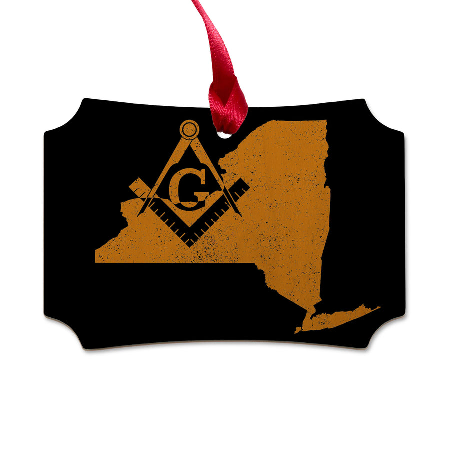 New York square & compass freemason symbol state map - Scalloped Wooden Maple Ornament