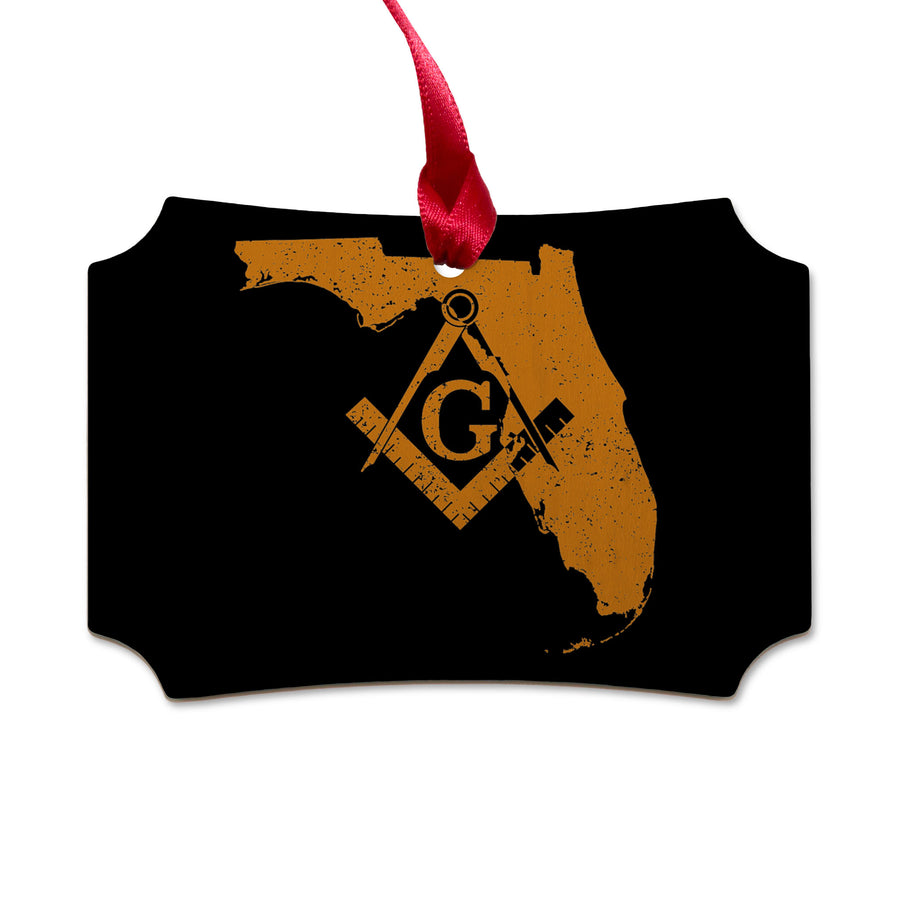Florida square & compass freemason symbol state map - Scalloped Wooden Maple Ornament
