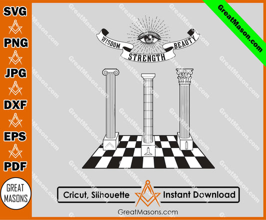 Masonic Three Grand Pillars Wisdom Strength Beauty Chess Board Floor SVG, Png, Eps, Dxf, Jpg, Pdf File