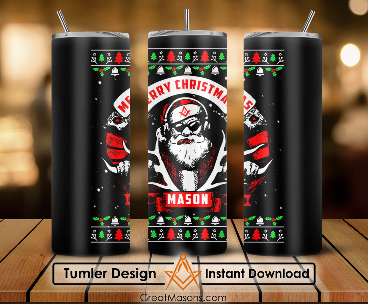 Masonic Santa Claus Merry Christmas Reindeer Ride Skinny Tumbler Wrap Png File