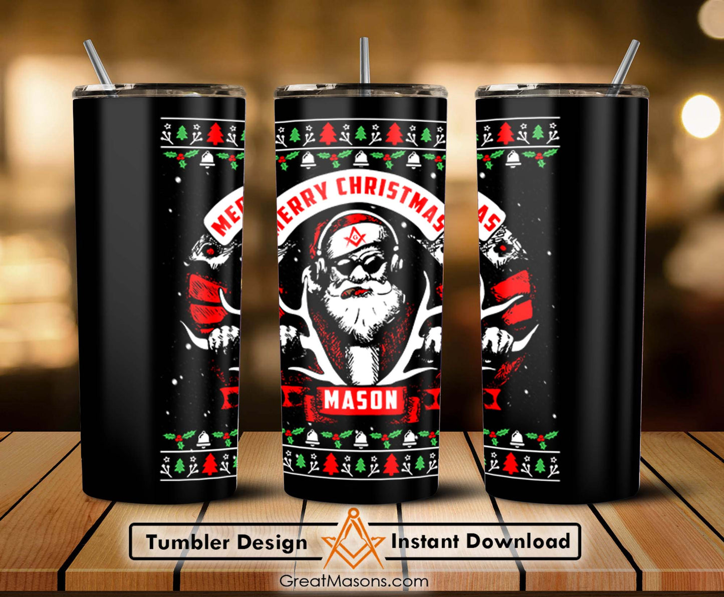 Masonic Santa Claus Merry Christmas Reindeer Ride Skinny Tumbler Wrap Png File