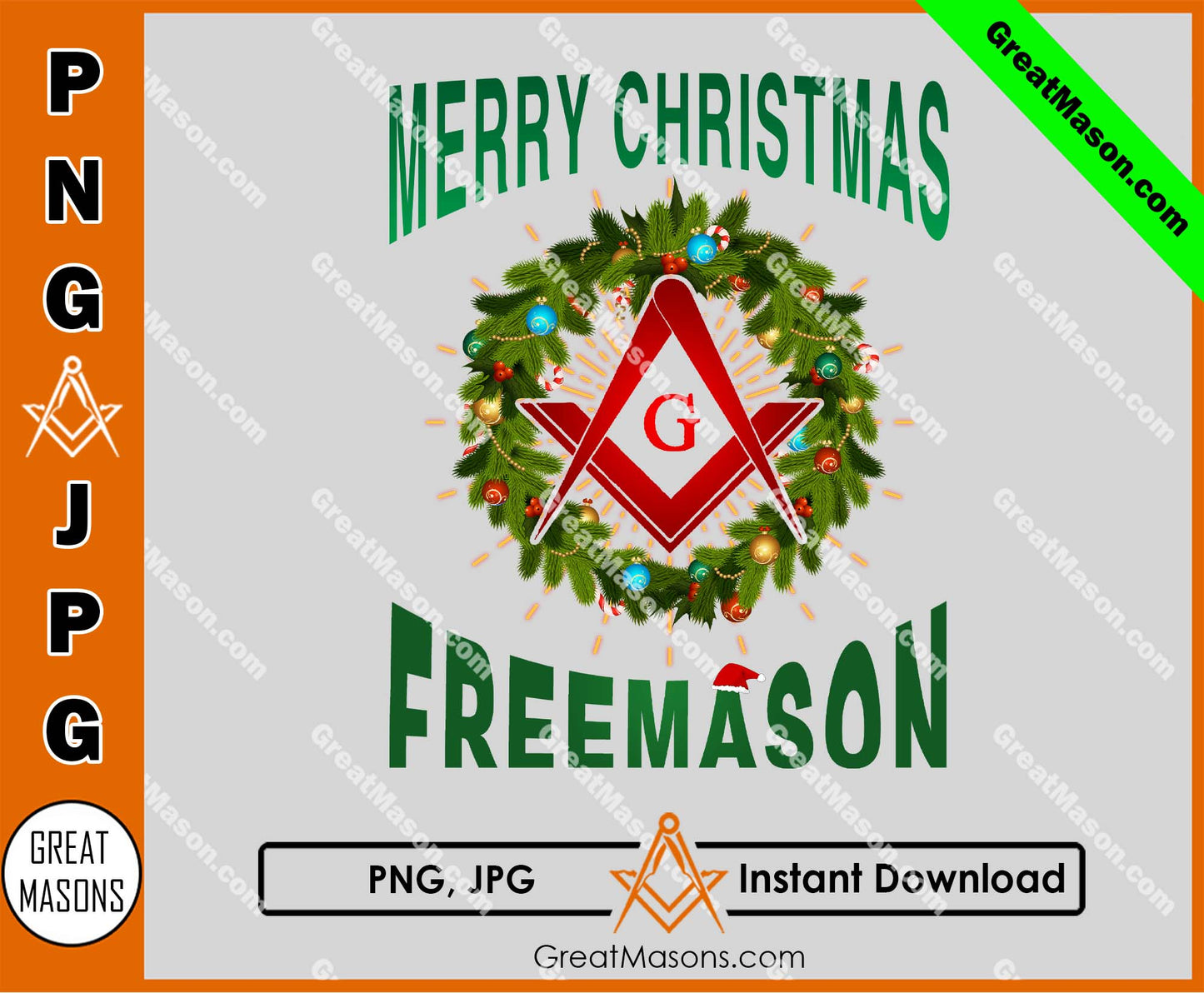 Merry Christmas Freemason Pine Tree Wreath Symbol PNG, JPG File