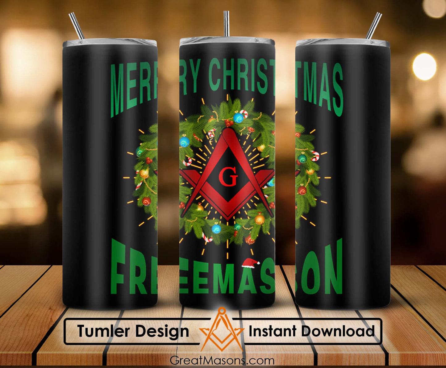 Merry Christmas Freemason Pine Tree Wreath Masonic Skinny Tumbler Wrap Png File