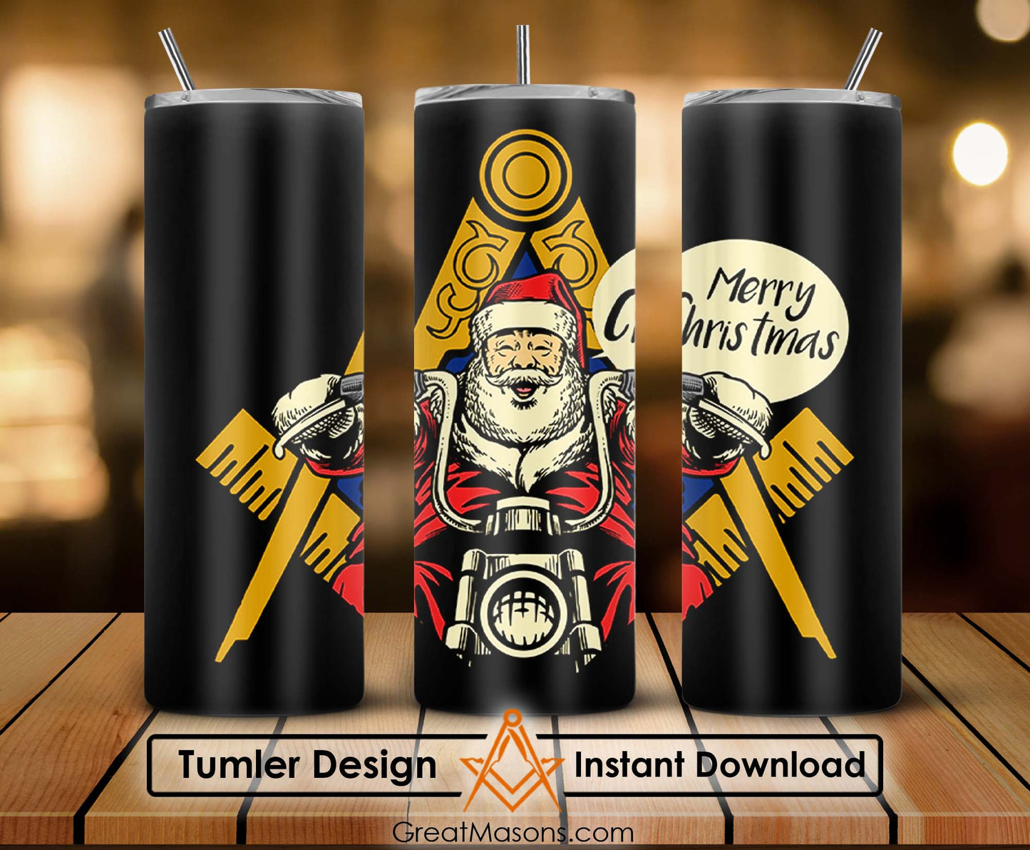 Santa Claus Merry Christmas Masonic Ride Motorcycle Skinny Tumbler Wrap Png File