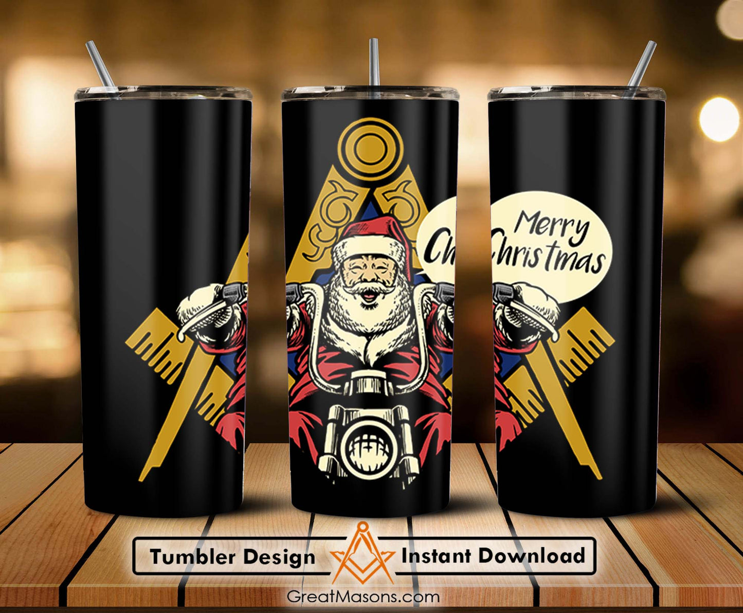 Santa Claus Merry Christmas Masonic Ride Motorcycle Skinny Tumbler Wrap Png File