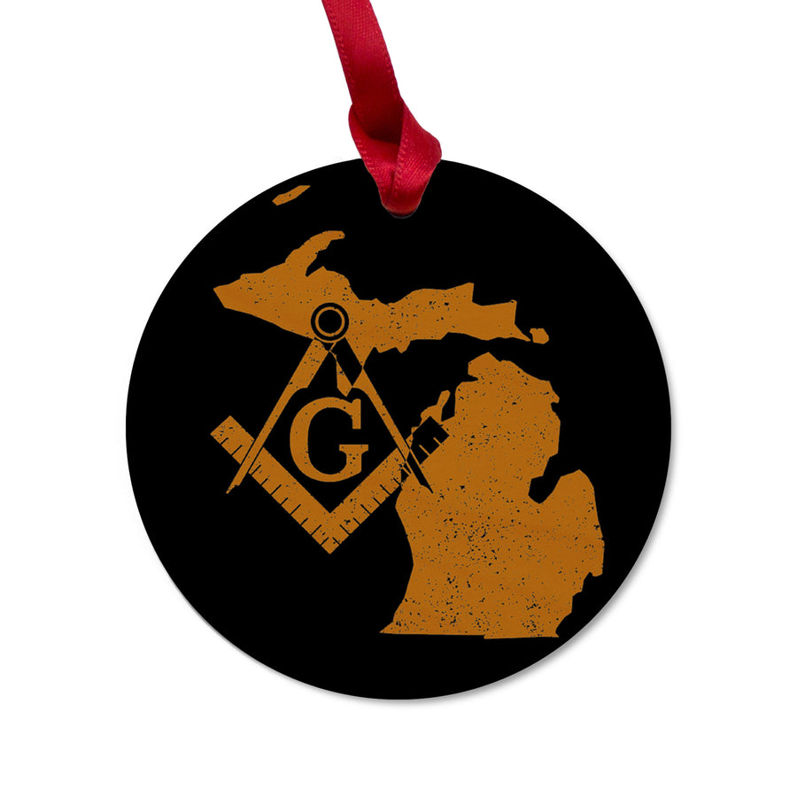 Michigan square & compass freemason symbol state map - Round Wooden Maple Ornament