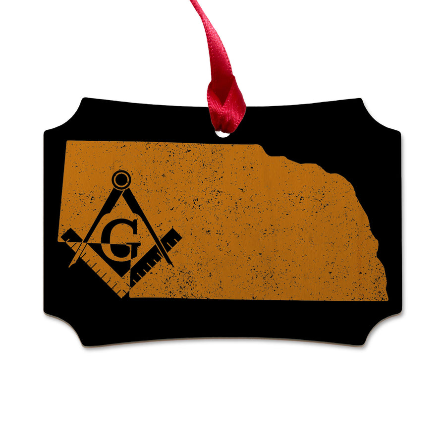 Nebraska square & compass freemason symbol state map - Scalloped Wooden Maple Ornament