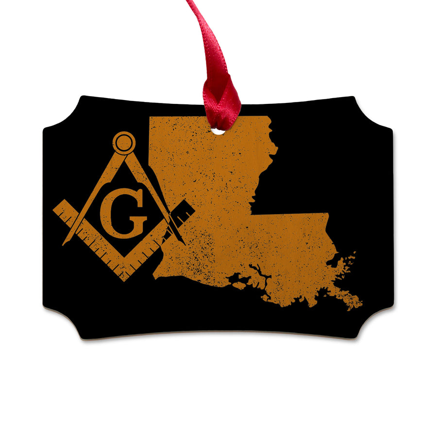 Louisiana square & compass freemason symbol state map - Scalloped Wooden Maple Ornament